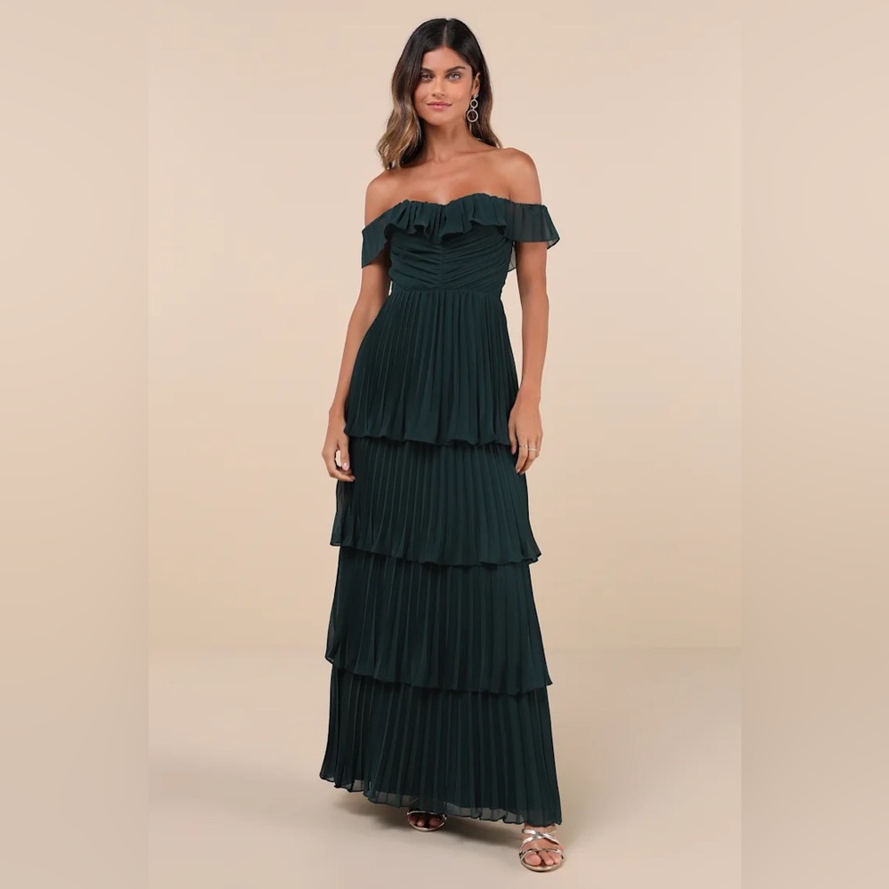 Always Remarkable Emerald Pleated Off-the-Shoulder Maxi Dress